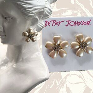 Betsey Johnson Beige Pearl Finish Petal FlowerCrystal Pave Accent Stud Earrings